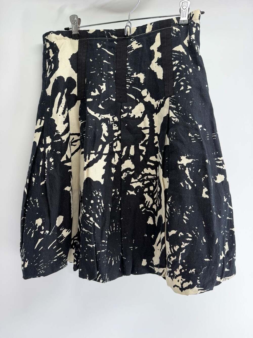 Tracy Reese New York Black Cream Cotton Linen Pleated Skirt Size 8